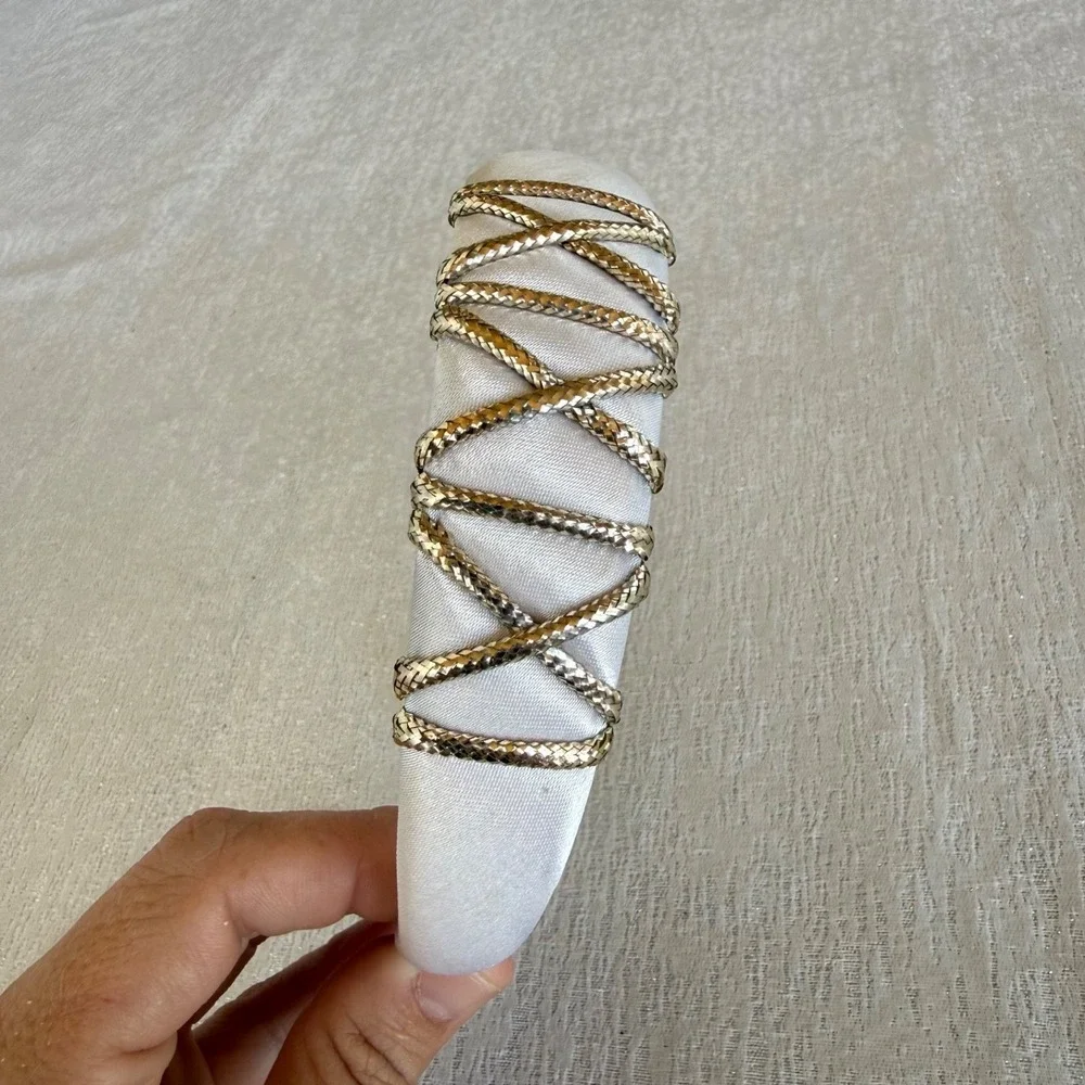 Vintage White Satin Padded Headband Gold Metallic Criss Cross Wide‎ Retro